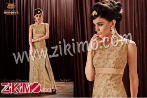 Zikimo Heroine 5087 Golden Chiffon Embeoidery Work Wedding Wear Anniversary Evening Prom Gown