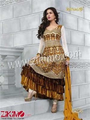 Khwaab 7008 mbroidered Georgette Semi-Stitched White and Dark Brown Anarkali Suit