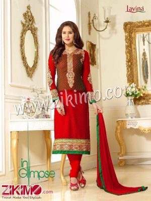 Zikimo Levina 13001 OliveGreen and Red Embroidered Brasso Semi-stitched Party Wear/Wedding Wear Straight Suit
