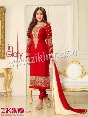 Zikimo Levina 13004Red Embroidered Brasso Semi-stitched Party Wear/Wedding Wear Straight Suit
