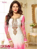 Zikimo Levina 13005 White and Pink Embroidered Brasso Semi-stitched Party Wear/Wedding Wear Straight Suit
