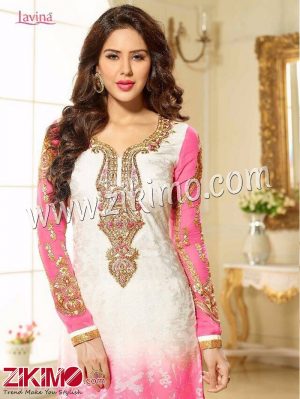Zikimo Levina 13005 White and Pink Embroidered Brasso Semi-stitched Party Wear/Wedding Wear Straight Suit
