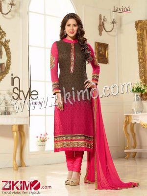 Zikimo Levina 13006 CoffeeBrown and DarkMagenta Embroidered Brasso Semi-stitched Party Wear/Wedding Wear Straight Suit