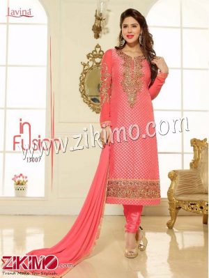 Zikimo Levina 13007 PinkRed Embroidered Brasso Semi-stitched Party Wear/Wedding Wear Straight Suit