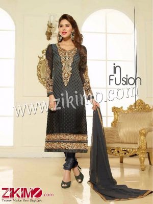 Zikimo Levina 13008Black Embroidered Brasso Semi-stitched Party Wear/Wedding Wear Straight Suit