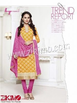 Zikimo LT66001Chrome Yellow and Pink Embroidered Cotton Un-stitched Chudidar Suit with Chiffon Dupatta