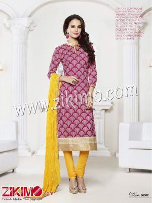 Zikimo LT66002Dark Pink and Yellow Embroidered Cotton Un-stitched Chudidar Suit with Chiffon Dupatta
