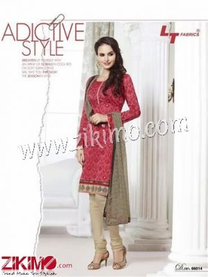 Zikimo LT66014Dark Pink and Beige Embroidered Cotton Un-stitched Chudidar Suit with Chiffon Dupatta