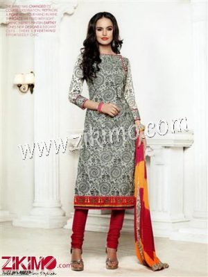 Zikimo LT66016White and Red Embroidered Cotton Un-stitched Chudidar Suit with Chiffon Dupatta