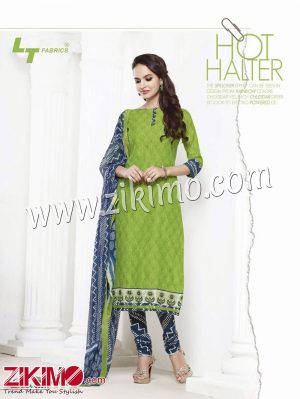 Zikimo LT66017Light Green and Teal Blue Embroidered Cotton Un-stitched Chudidar Suit with Chiffon Dupatta