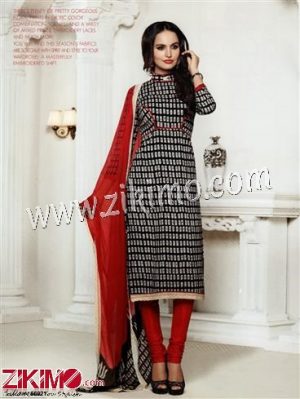 Zikimo LT66021 Black and Red Designer Embroidered Cotton Un-stitched Chudidar Suit with Chiffon Dupatta