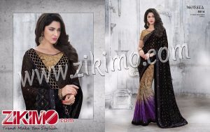 Zikimo Mudra 8814 Black With Purple Designer Embroidery Work Georgette Silk Wedding Party Wear Saree