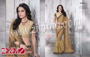 Zikimo Mudra 8816 Biege Tan Designer Embroidery Work Georgette Silk Wedding Party Wear Saree