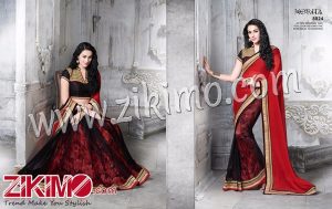 Zikimo Mudra 8824 Red With Black Designer Embroidery Work Georgette Silk Wedding Party Wear Saree