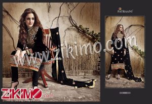 Patraani 1006 9000 Black Velvet Embroidered Winter Wear Wedding/Party Wear Straight Suit With Shantoon Bottom and Chiffon Dupatta