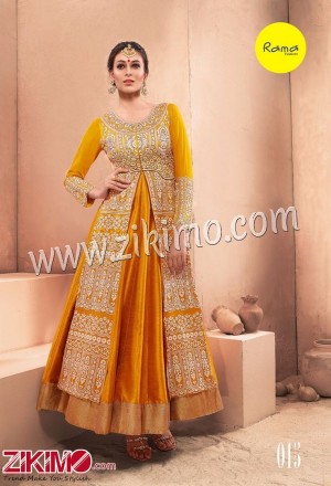 Rama Embroiderded Pure Dhupion Mustard Jacket And Gown With Net Dupatta