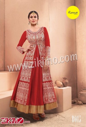 Rama Embroiderded Pure Dhupion Red Jacket And Gown With Net Dupatta