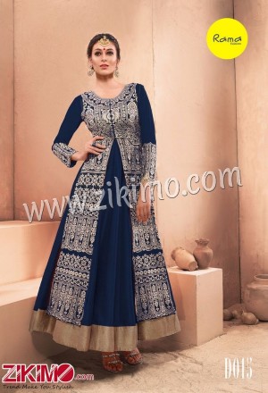 Rama Embroiderded Pure Dhupion Blue Jacket And Gown With Net Dupatta