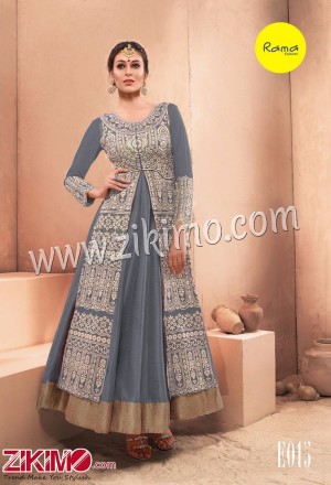 Rama Embroiderded Pure Dhupion Grey Jacket And Gown With Net Dupatta