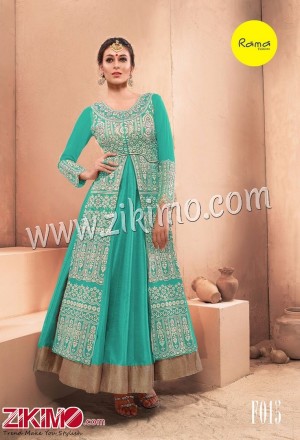 Rama Embroiderded Pure Dhupion Light Blue Jacket And Gown With Net Dupatta