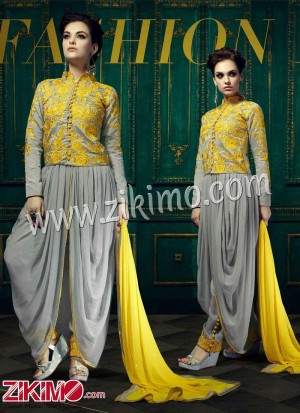 Royal Palace 9002 YELLOW & GREY GEORGETTE DESIGNER Dhoti SALWAR KAMEEZ