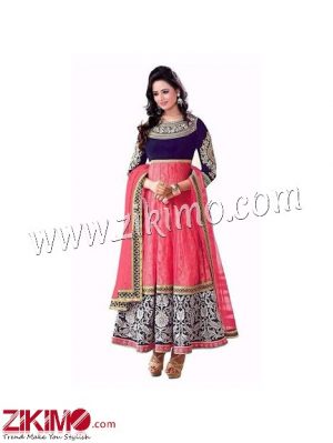 Pink And Blue Rasal Net with Embroidery Party/Wedding Wear Flared Suit Having Chiffon Dupatta