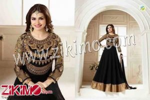 Georgette with Embroidery Wedding/Party wear Black Prachi Replica Anarkali Suit with Chiffon Dupatta