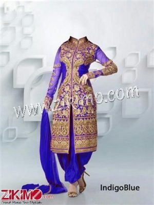 Designer IndigoBlue Sherwani Type Embroidered Semi-stitched Party Wear Designer Suit WIth Nazneen Dupatta