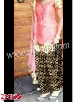 Designer Peach & Black Chanderi Un-stitched Party Wear/Daily Wear Patiyala Suit with Work Lace Dupatta