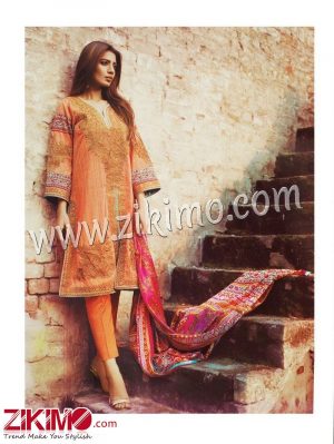 Zikimo Sanna and Safeena 3-A Orange and Pink Embroidered Cotton Satin Party/Daily Wear Designer Suit