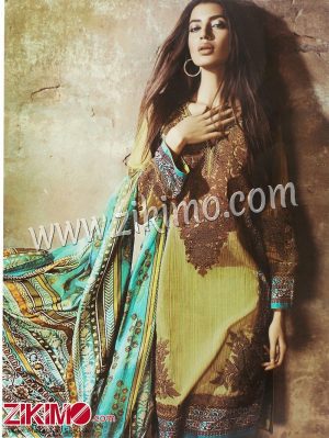 Zikimo Sanna and Safeena 3-B Green and BrownEmbroidered Cotton Satin Party/Daily Wear Designer Suit