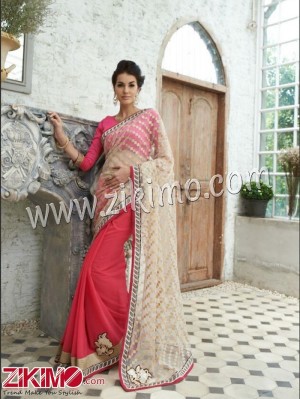 Ivory and DeepPink Party Wear/Wedding Wear Crape, Georgette, Net Sparkle Saree 1105