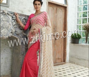 Ivory and DeepPink Party Wear/Wedding Wear Crape, Georgette, Net Sparkle Saree 1105 1 Ivory and DeepPink Party Wear/Wedding Wear Crape, Georgette, Net Sparkle Saree 1105