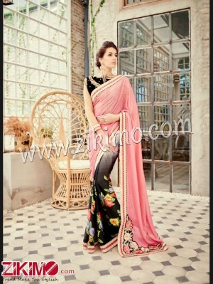 BabyPink and Black Party Wear/Wedding Wear Crape, Georgette, Net Sparkle Saree 1109