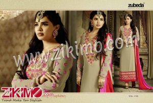 Zikimo Zubeda 4105 Beige and Magenta Embroidered Georgette Long Semi-stitched Party Wear/Daily Wear Long Straight Suit