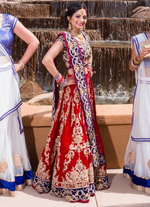 Red & Blue Velvet Indian Bridal Lehenga Choli at Zikimo