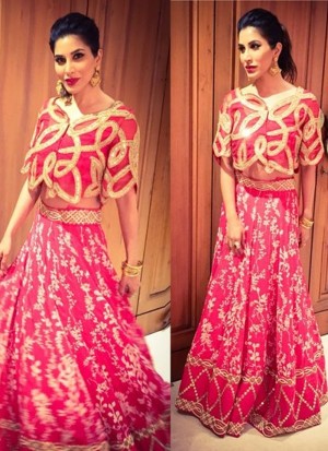 Pink Raw Silk Lady Sangeet Mehendi Bridal Lehenga Choli with Floral Embroidery at Zikimo