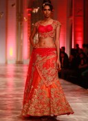 Orange & Red Net Lehenga Choli with Gota Patti Work  For mehendi Sangeet Ceremony at Zikimo