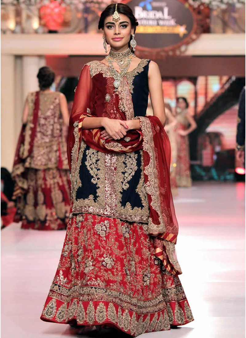 Designer Indian Bridal Red Lehenga with Navy Kurta at Zikimo