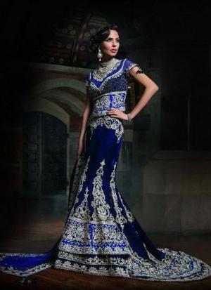 Designer Trailing-Length Blue Velvet Indian Bridal Lehenga with Long Choli at Zikimo