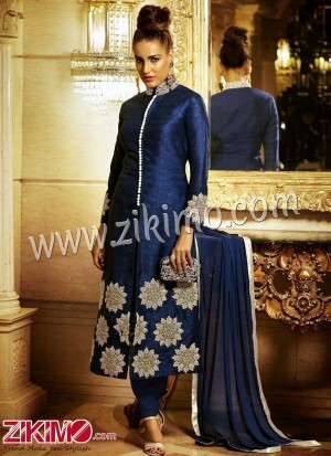 Zikimo NAVY BLUE BHAGLPURI SILK EMBROIDERY Party Wear LONG STRAIGHT DESIGNER SUIT