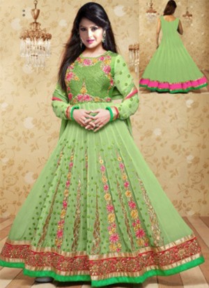 DESIGNER GREEN GEORGETTE EMBROIDERY GOWN AT ZIKIMO