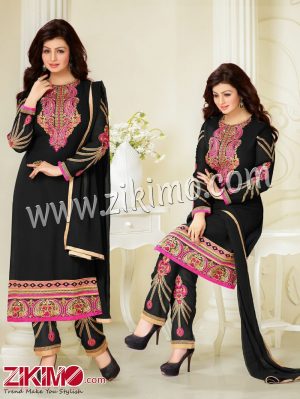 Zikimo Abrisha 74016Black Party Wear Embroidered Georgette Long Semi-stitched Party Wear Straight Suit