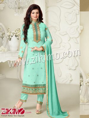 Zikimo Abrisha 74017AquaGreen Party Wear Embroidered Georgette Long Semi-stitched Party Wear Straight Suit