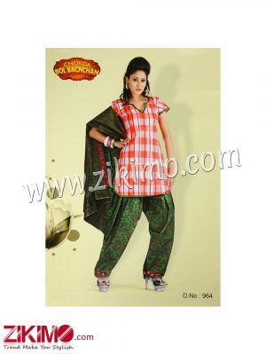 Zikimo Bolbachan 964LightRed and DarkOiveGreen Printed Cotton Un-stitched Daily Wear Salwar Suit