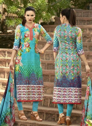 Multicolor and Deep SkyBlue 192 Party Wear Cotton Satin Long Straight Un-stitched  Suit At Zikimo