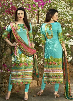 Multicolor and AquaGreen 195 Party Wear Cotton Satin Long Straight Un-stitched  Suit At Zikimo