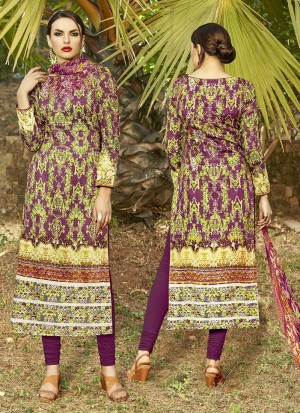 Multicolor and Purple 198 Party Wear Cotton Satin Long Straight Un-stitched  Suit At Zikimo