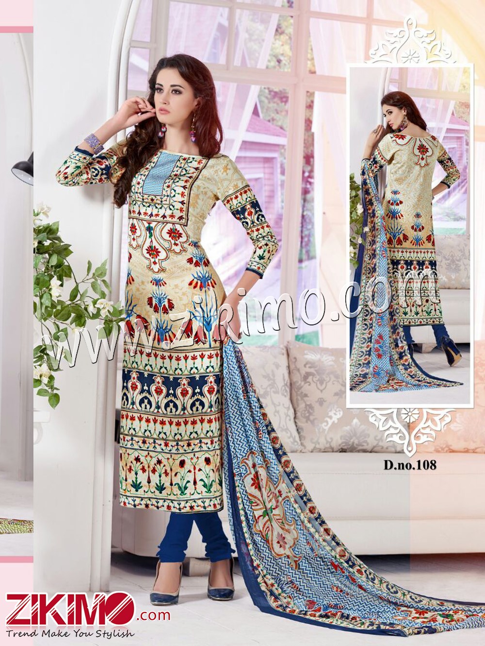 Zikimo Fiza 108LightYellow and DarkBlue Cotton Satin Party Wear/Daily Wear Un-stitched Straight Suit