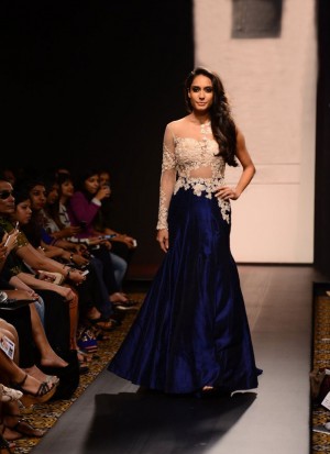 Eye-Catching Part Wear Navy Blue Indo-Western Gown with Floral Embroidery at Zikimo